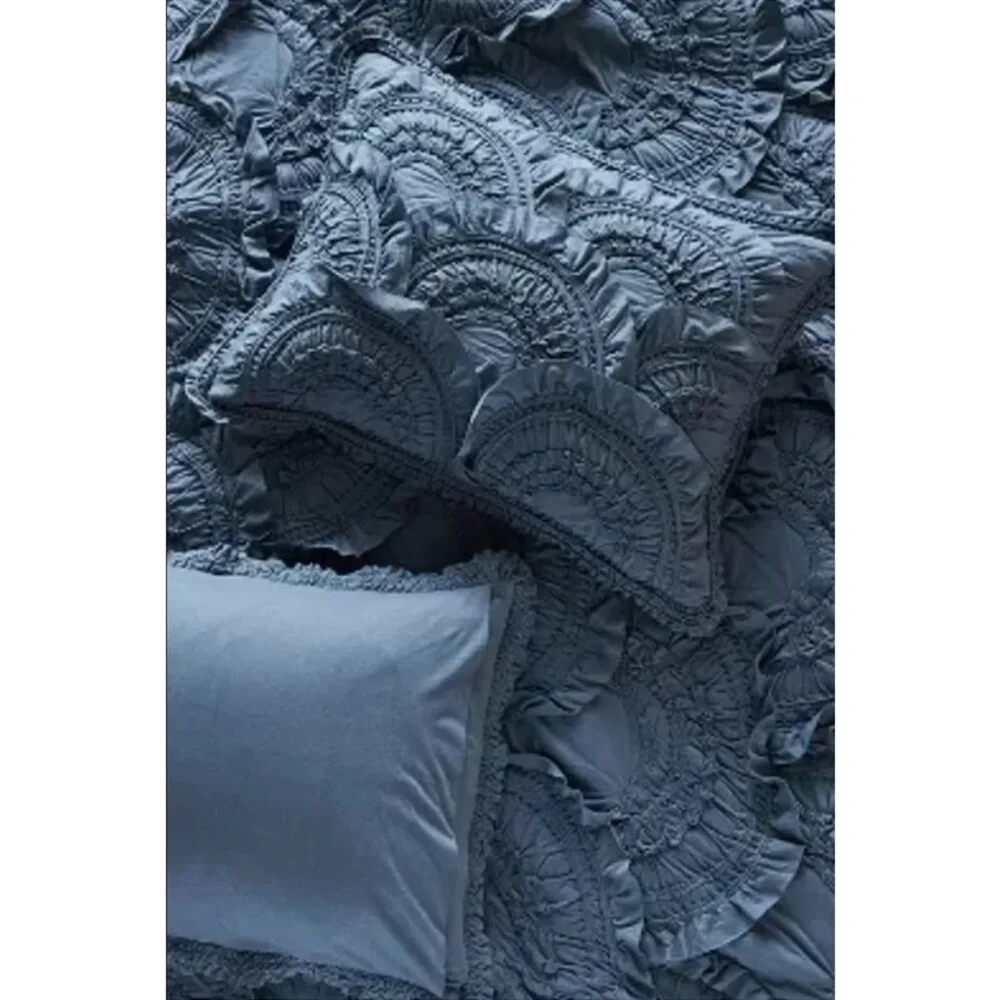 2 Anthropologie ‘Rivulets’ Ruffle Standard Pillow Shams in a dark Medallion Blue - Picture 1 of 16